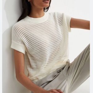 Varley Corvallis Open Knit Short Sleeve Sweater Top Egret White Tie Hem Medium